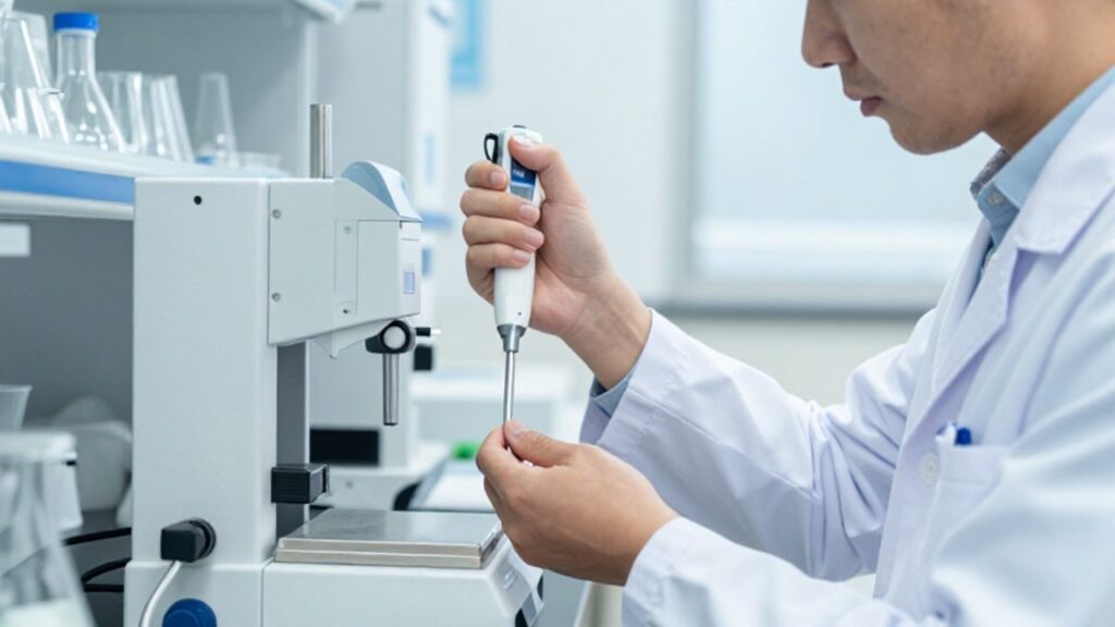 Técnico de laboratorio realizando mediciones de precisión con una micropipeta y una balanza analítica en un entorno científico moderno y organizado.