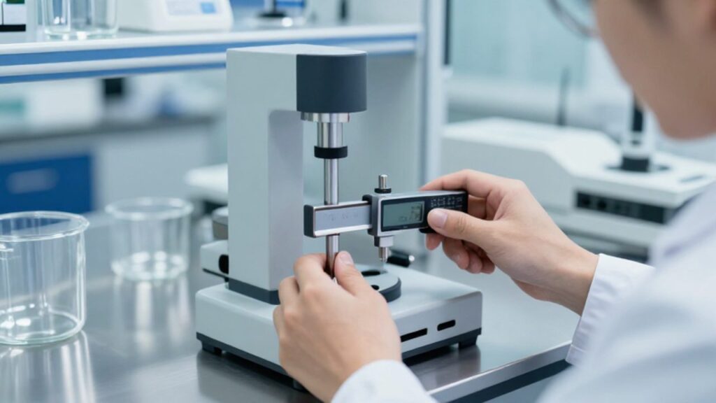 Técnico realiza la calibración de un micrómetro digital utilizando equipo especializado en un laboratorio de metrología moderno.