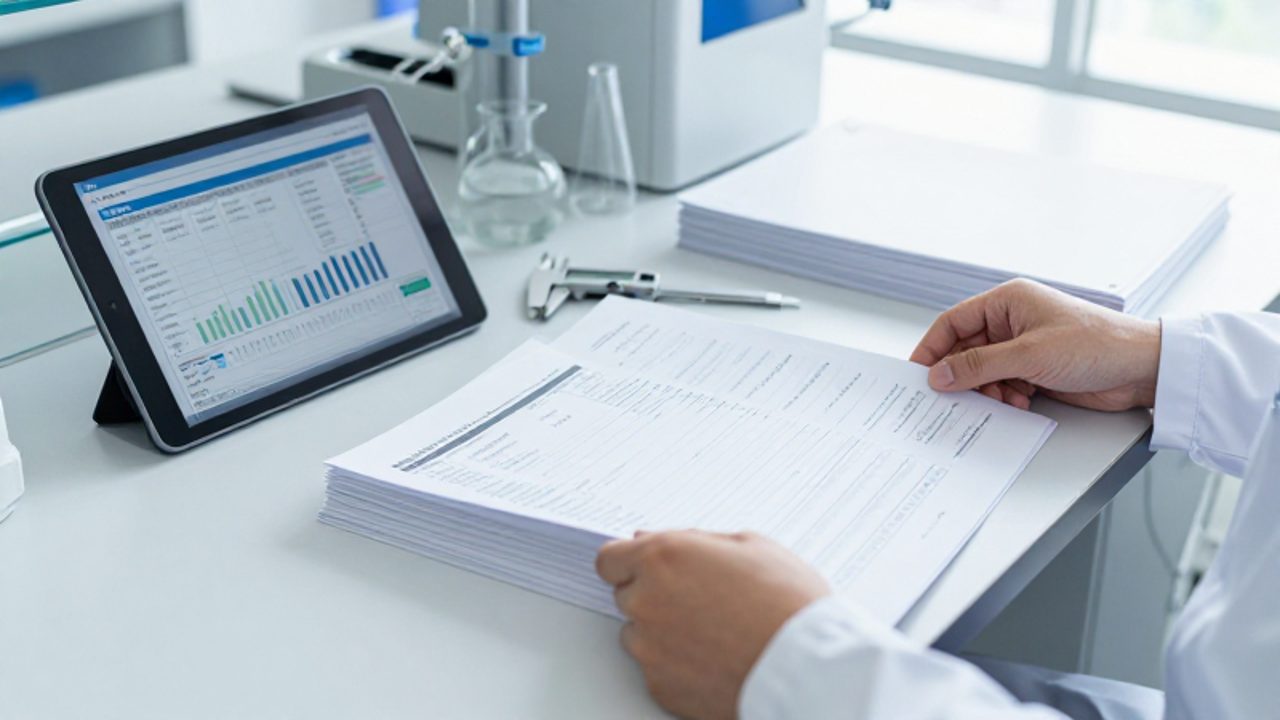 Manos de un técnico organizando certificados de calibración y documentos técnicos sobre un banco de trabajo en un laboratorio moderno.