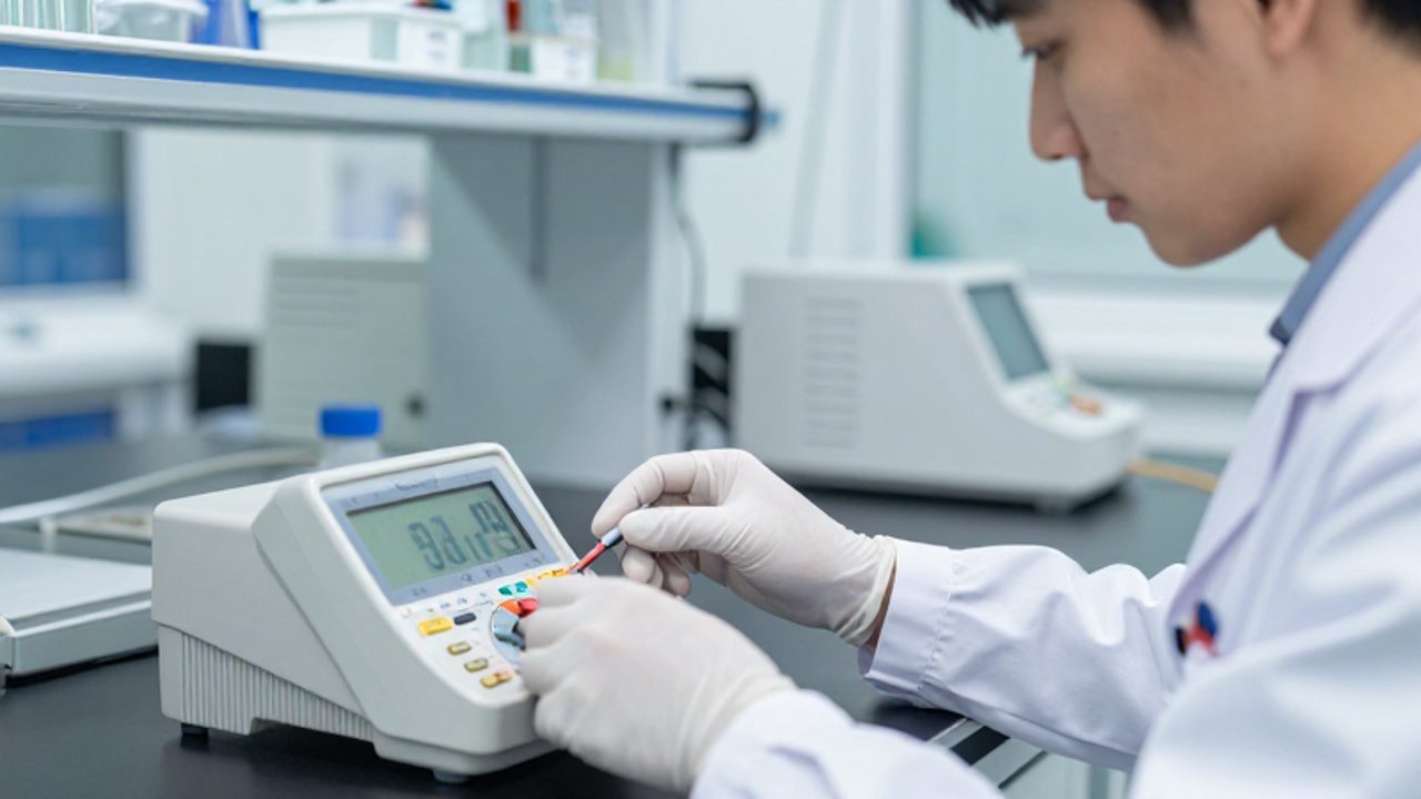 Técnico de laboratorio con guantes y bata blanca calibra un multímetro digital de alta precisión en un entorno clínico y moderno.