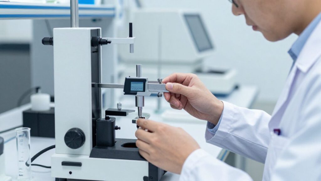 Un técnico de laboratorio realiza una calibración de precisión sobre un componente metálico utilizando un micrómetro digital en un entorno científico especializado.