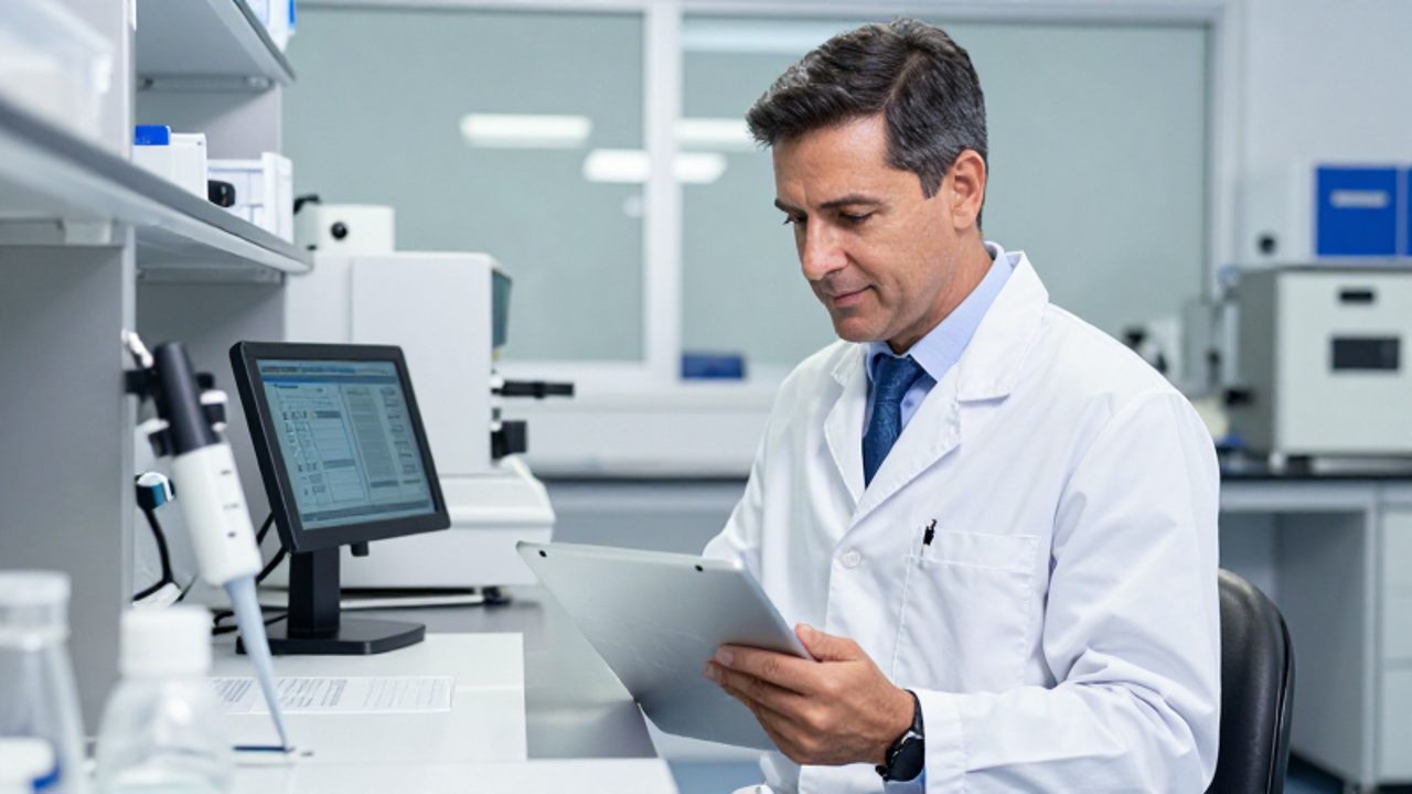 Gerente de laboratorio en una instalación moderna revisa reportes técnicos en una tablet frente a equipos de precisión.