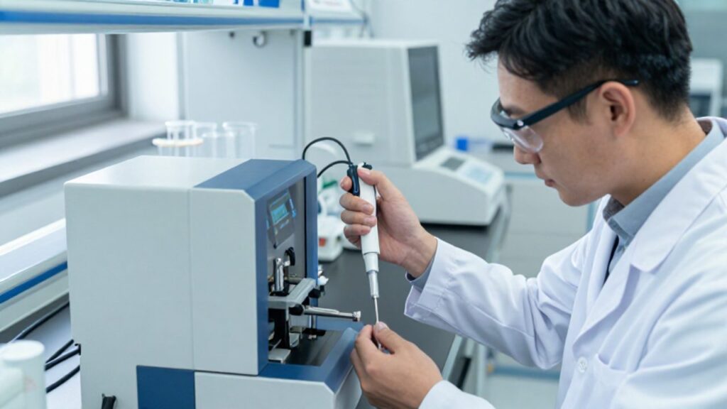Técnico de laboratorio con equipo de protección realiza con precisión la calibración de un instrumento científico en un entorno clínico y moderno.