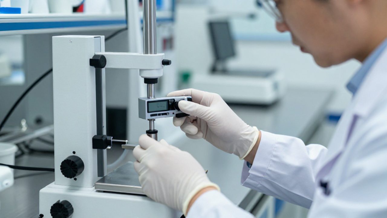 Técnico de laboratorio con guantes calibra con precisión un instrumento de medición en un entorno científico moderno.