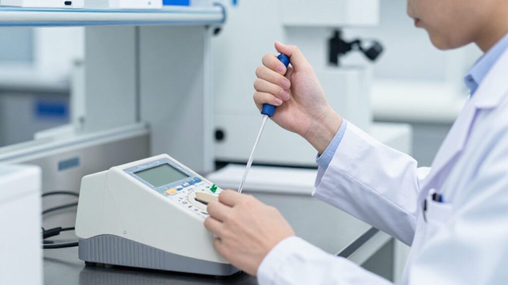 Técnico de laboratorio realizando una calibración de precisión con un multímetro digital en un entorno de trabajo moderno y organizado.