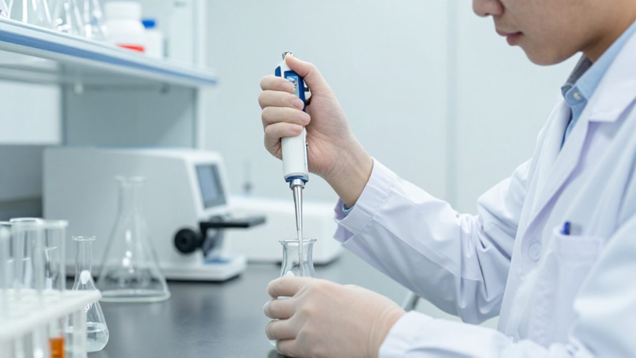 Técnico de laboratorio realizando una medición precisa con una micropipeta digital y matraces de vidrio en un entorno clínico y moderno.