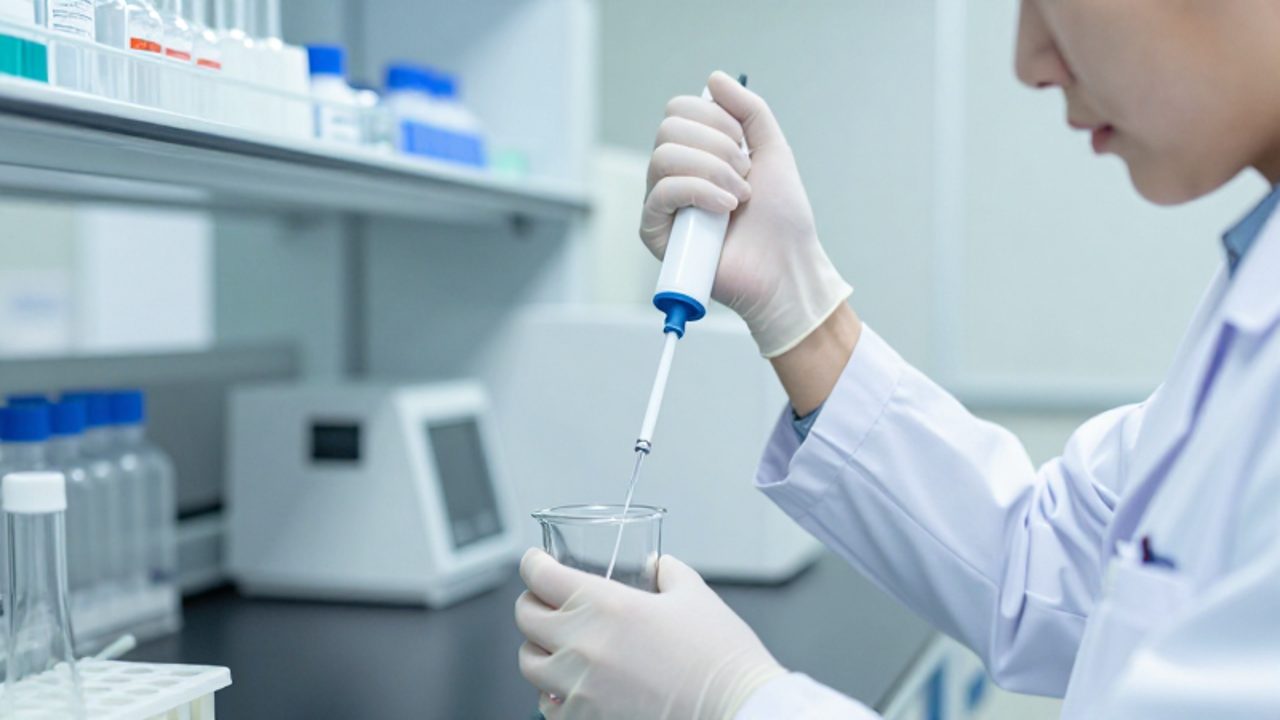 Técnico de laboratorio manipulando con precisión una muestra utilizando material de vidrio esterilizado en un entorno de análisis clínico.
