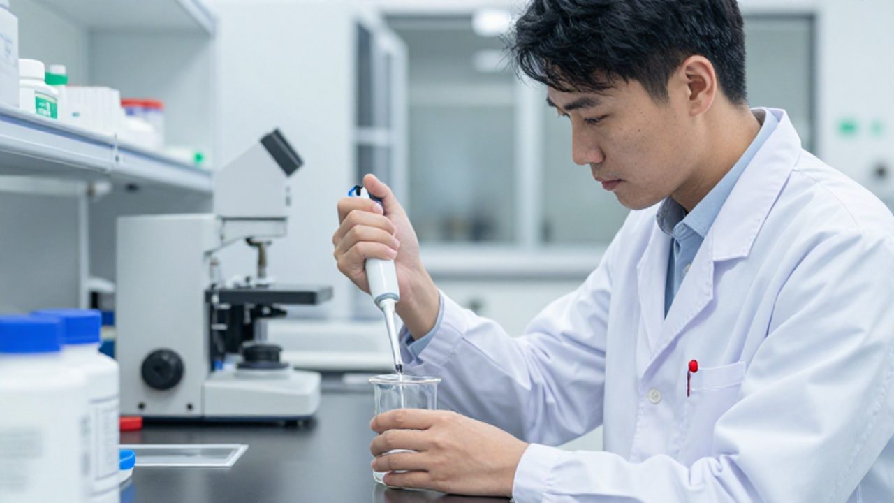 Técnico de laboratorio realizando una medición de precisión con una pipeta digital en un entorno de trabajo limpio y controlado.