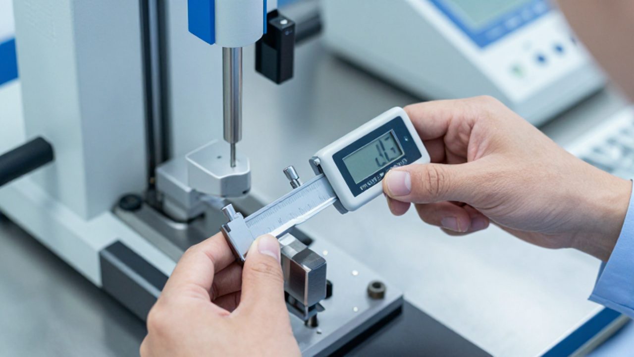 Un técnico utiliza un micrómetro digital para medir una pieza de acero en un laboratorio de metrología.