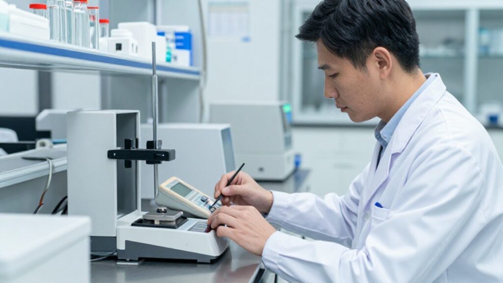 Técnico de laboratorio realiza un procedimiento de calibración con un multímetro digital y pesas de precisión en un entorno metrológico moderno.