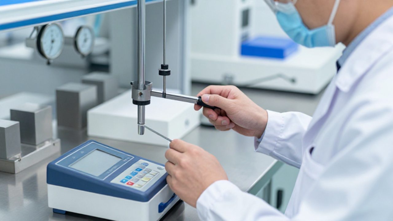 Un metrólogo con bata blanca utiliza un equipo digital de alta precisión para calibrar una llave dinamométrica industrial en un laboratorio especializado.