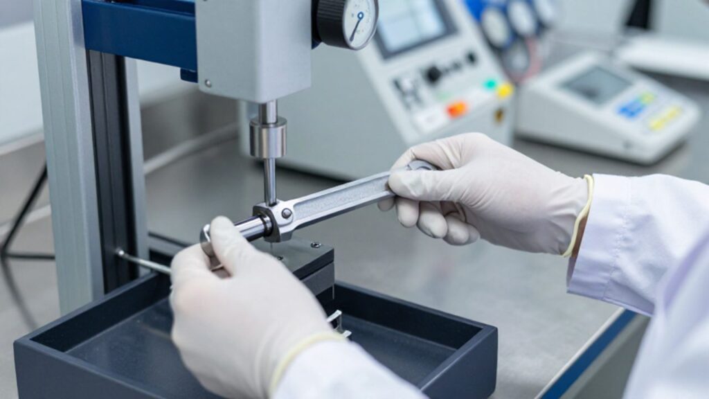 Un metrólogo con guantes de protección realiza la calibración de una llave dinamométrica de acero en un laboratorio de alta precisión.