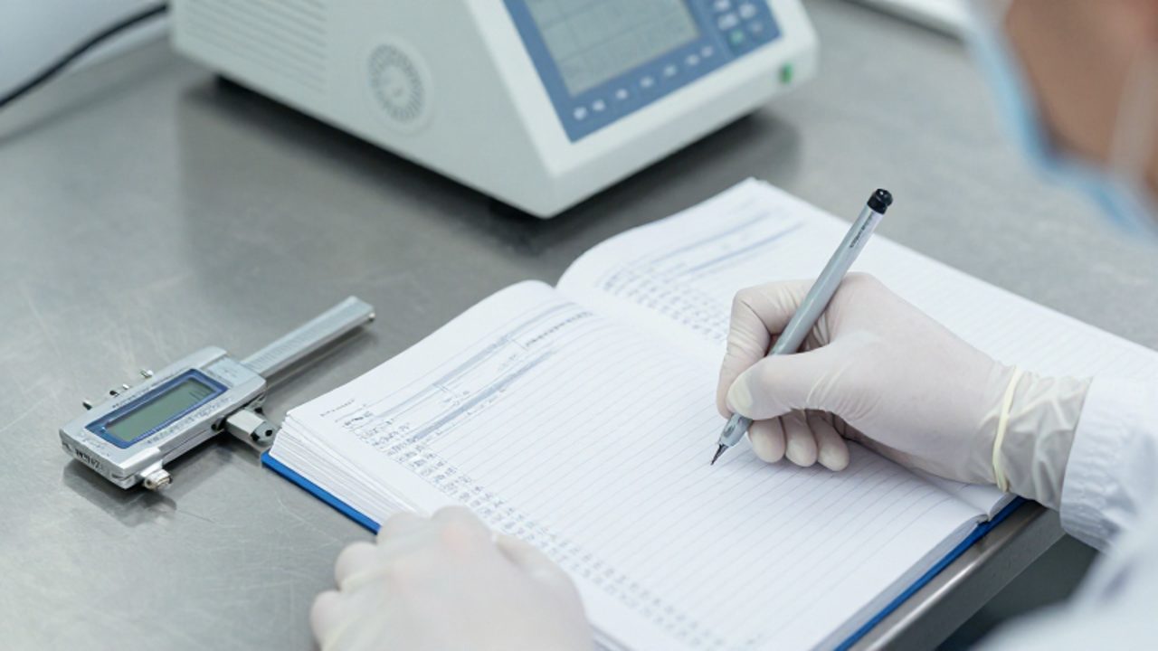 Un técnico de metrología con guantes escribe datos técnicos en un cuaderno de laboratorio junto a un micrómetro digital.