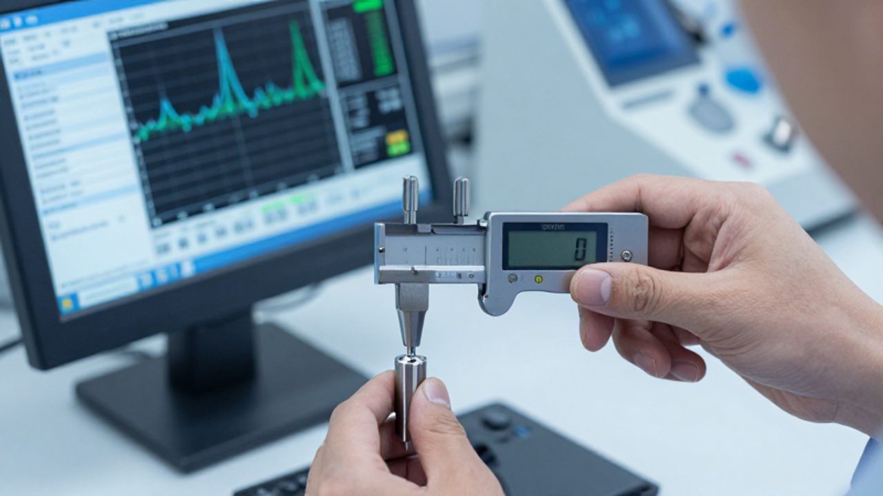Un técnico mide un componente de acero con un micrómetro digital sobre una mesa de trabajo en un laboratorio de calibración.