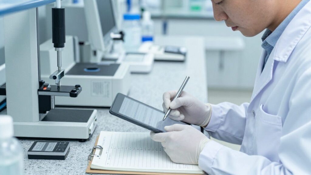 Técnico de laboratorio con bata blanca y guantes registra datos de medición en una tableta y un cuaderno junto a equipos de calibración de precisión.
