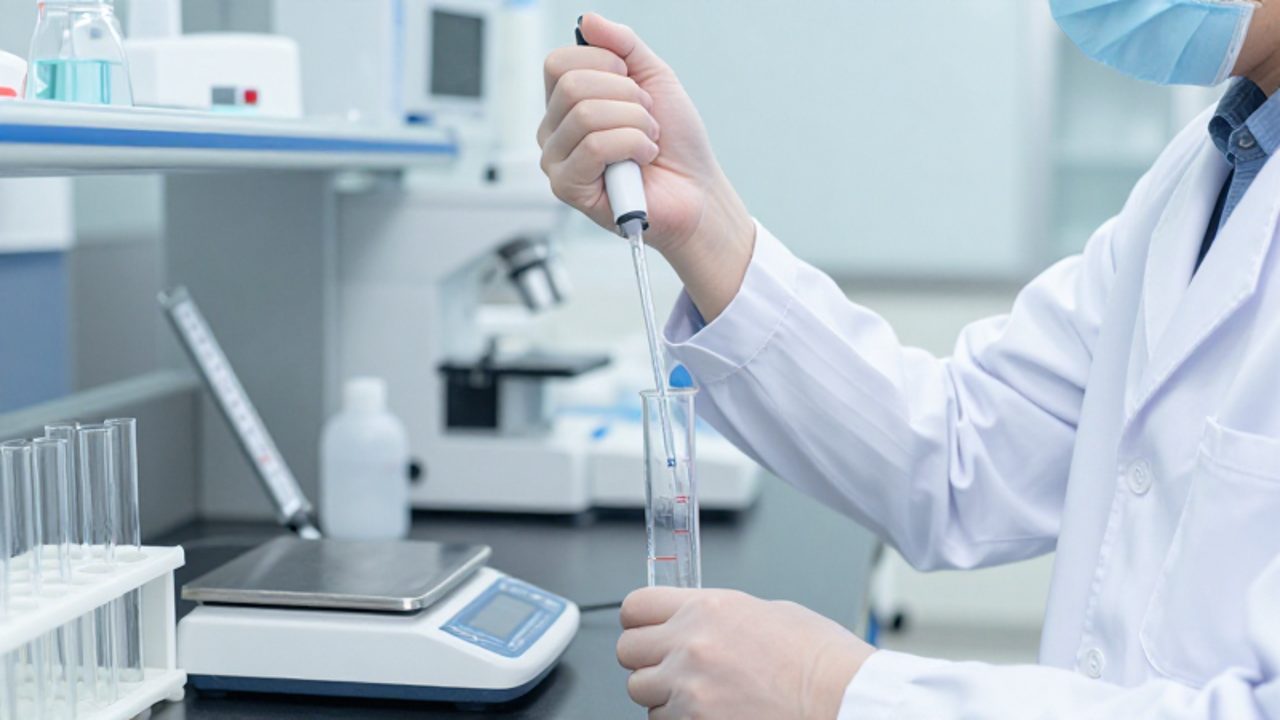 Técnico de laboratorio realizando una medición volumétrica precisa con una pipeta y un cilindro graduado en un entorno clínico y especializado.