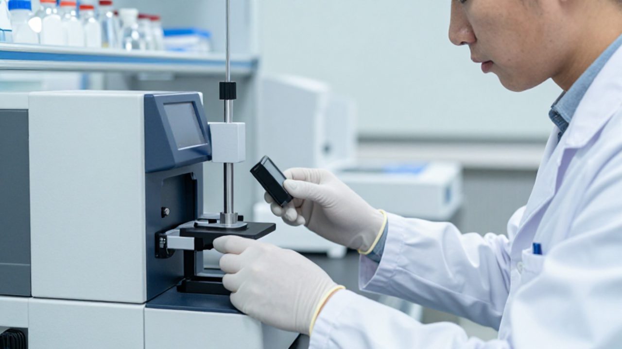 Un técnico con equipo de protección realiza una medición de calibración en un instrumento analítico dentro de un laboratorio moderno y organizado.