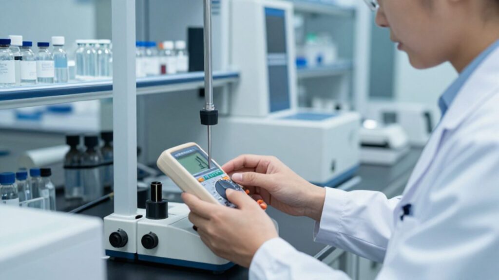 Técnico de laboratorio realiza mediciones de precisión con un multímetro digital en un entorno de pruebas especializado.