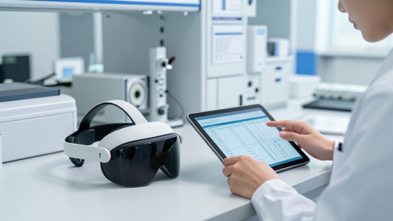 Un técnico con bata blanca revisa datos en una tablet junto a un visor Meta Quest 3 sobre una mesa de laboratorio.