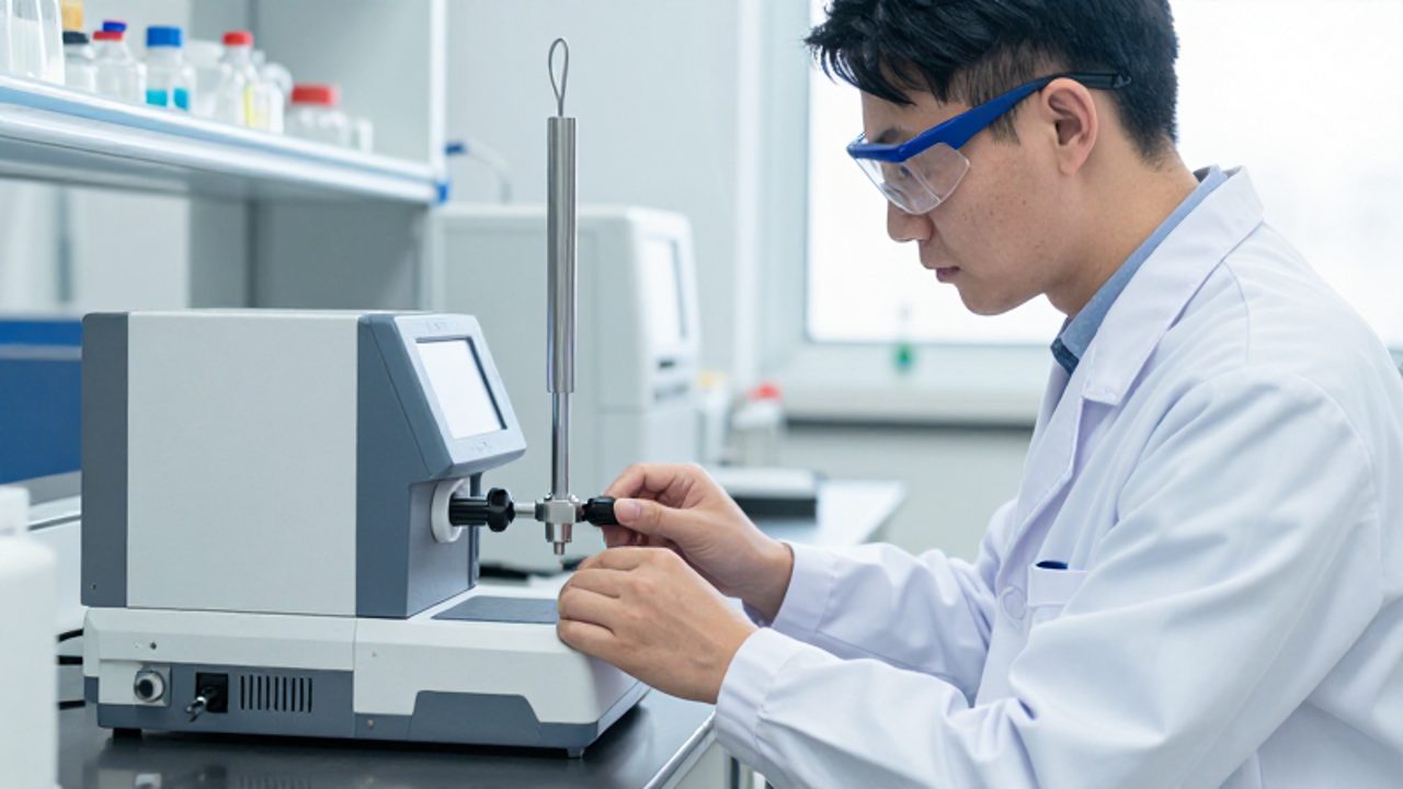 Técnico de laboratorio con bata y gafas de protección calibrando un instrumento de medición digital en un entorno clínico y moderno.