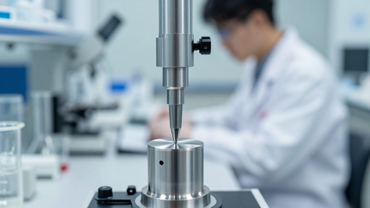 Micrómetro digital midiendo con precisión un componente metálico en un laboratorio equipado.