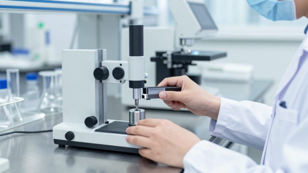 Técnico de laboratorio realiza una medición de precisión con un micrómetro digital sobre una pieza metálica en un entorno de trabajo clínico y organizado.
