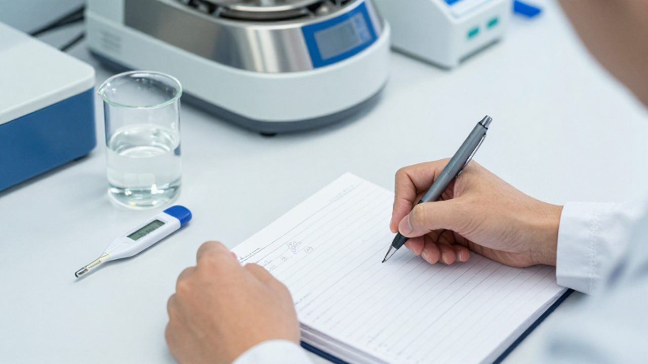 Un técnico escribe mediciones y datos técnicos en un cuaderno de laboratorio sobre una mesa de trabajo limpia, con equipos de análisis al fondo.