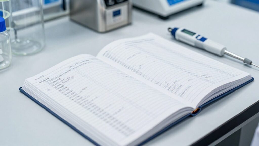 Cuaderno de laboratorio abierto con anotaciones técnicas y tablas de datos junto a una pipeta digital sobre una mesa de trabajo científica.