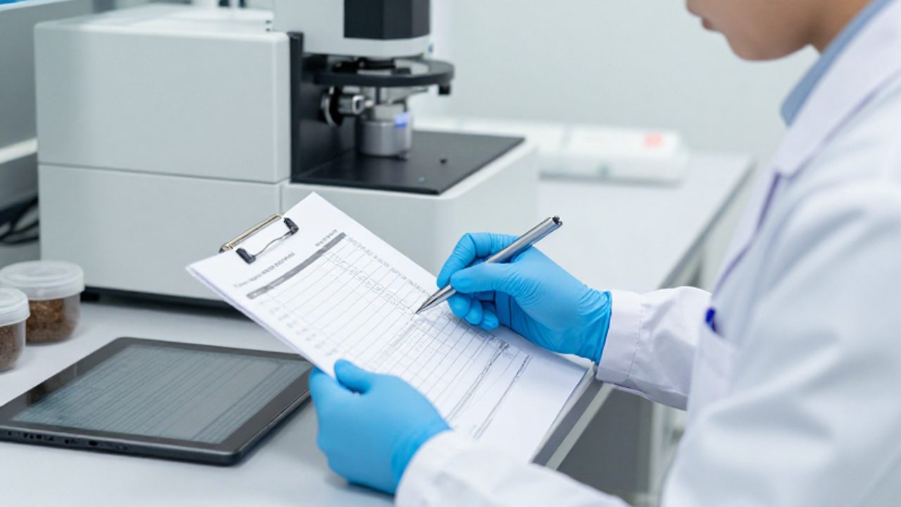 Un técnico de laboratorio revisa informes de análisis y un cuaderno de registro junto a una tablet en una instalación de pruebas agrarias.