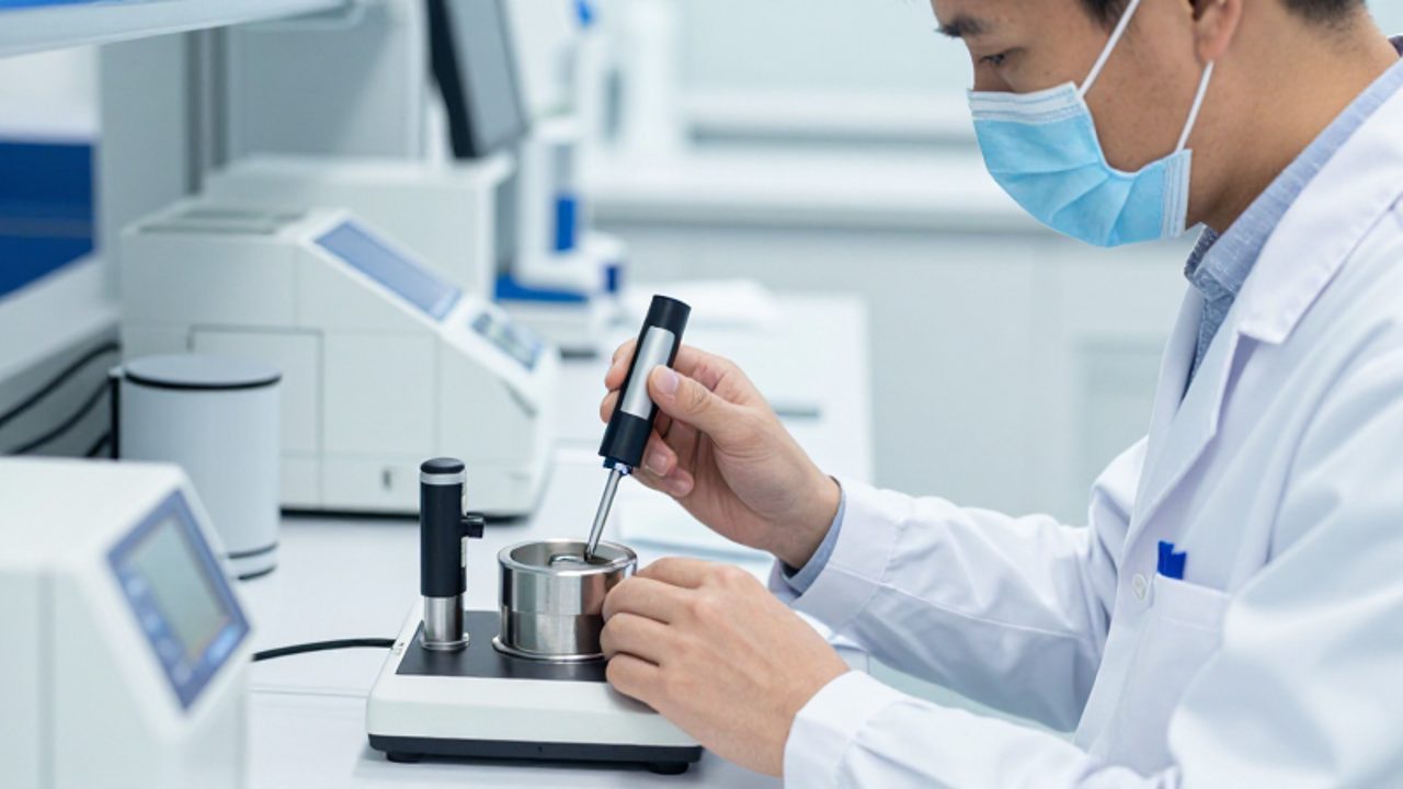 Técnico de laboratorio registrando la medición de un componente metálico con un micrómetro digital en un entorno de pruebas profesional.