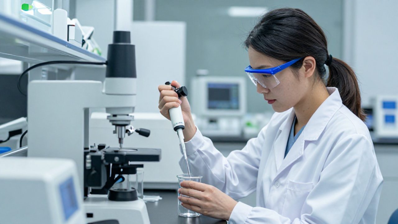 Técnica de laboratorio con bata blanca y gafas de protección ajusta una pipeta calibrada junto a equipos de metrología en un entorno de análisis de alta precisión.