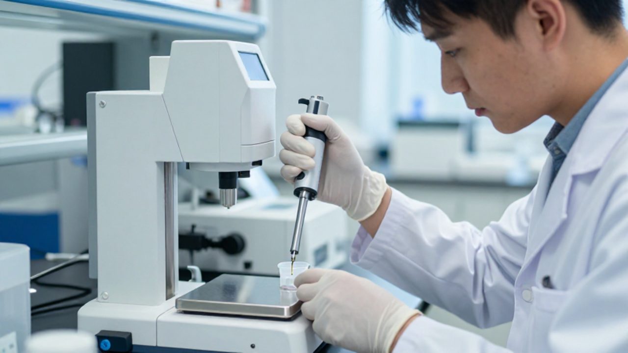 Técnico de laboratorio con guantes utiliza una micropipeta para manipular una muestra con precisión en un entorno de análisis científico avanzado.