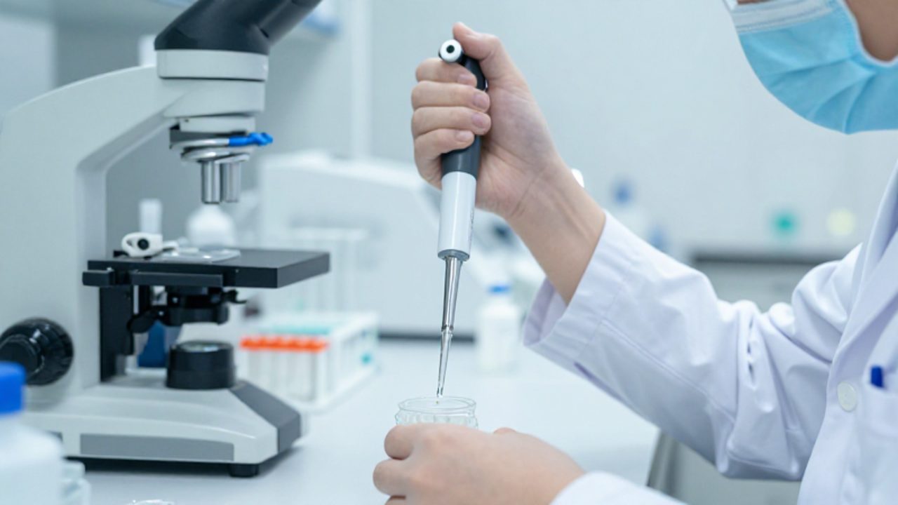 Técnico de laboratorio con vestimenta de sala blanca trasvasa una muestra líquida con una micropipeta en un entorno de análisis nutricional.