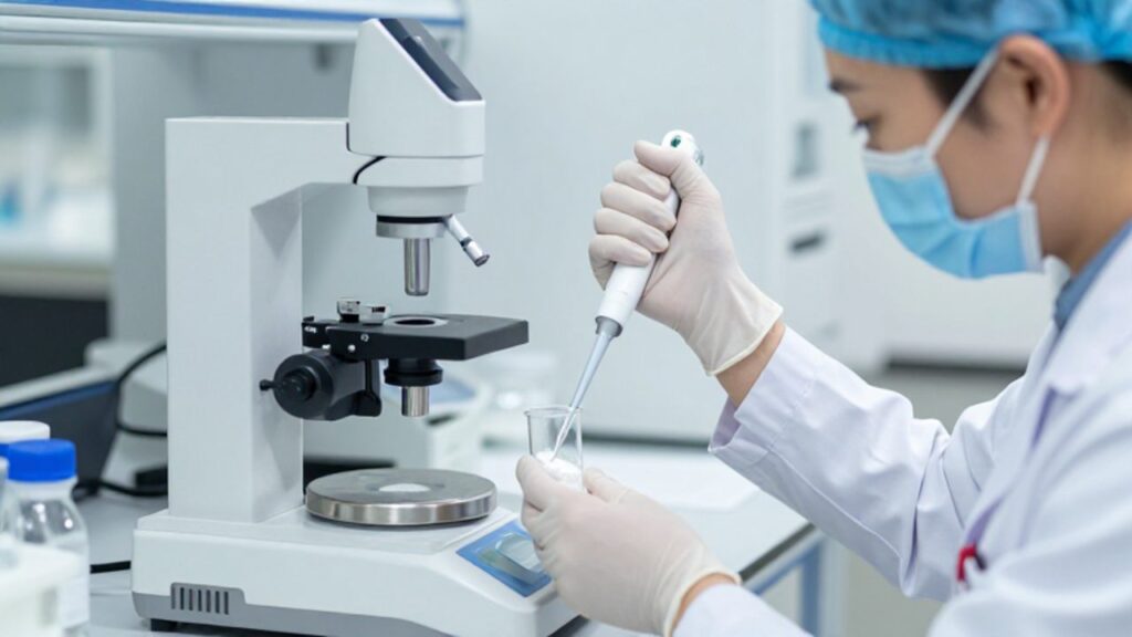 Técnico de laboratorio con equipo de protección realiza un análisis de precisión con una micropipeta sobre una muestra de suplemento en un entorno científico avanzado.