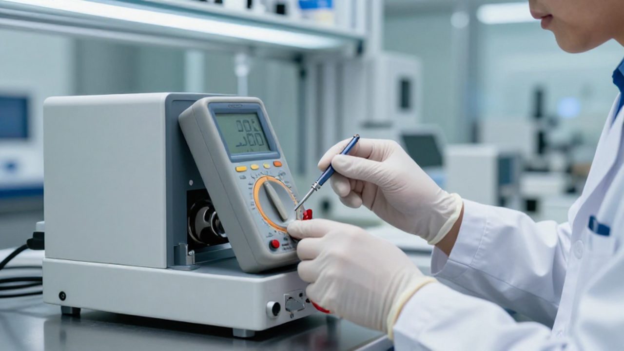 Un técnico con guantes de nitrilo utiliza una herramienta de precisión para calibrar un multímetro digital en un laboratorio de metrología moderno.