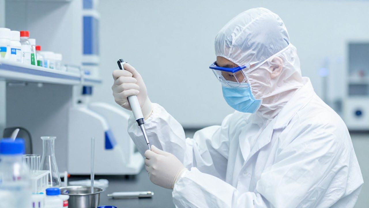 Técnico de laboratorio con equipo de protección realizando una medición de precisión con una micropipeta en un entorno científico moderno.