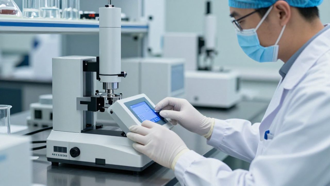 Técnico de laboratorio con guantes ajustando un instrumento de medición digital en un entorno de metrología moderno y controlado.