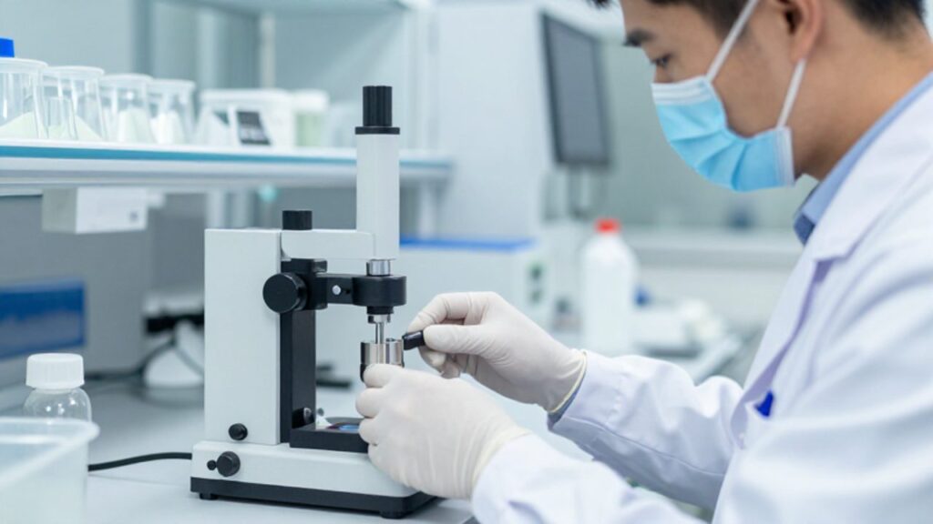 Un técnico de laboratorio calibra un componente metálico con un micrómetro digital en un entorno de metrología moderno y especializado.
