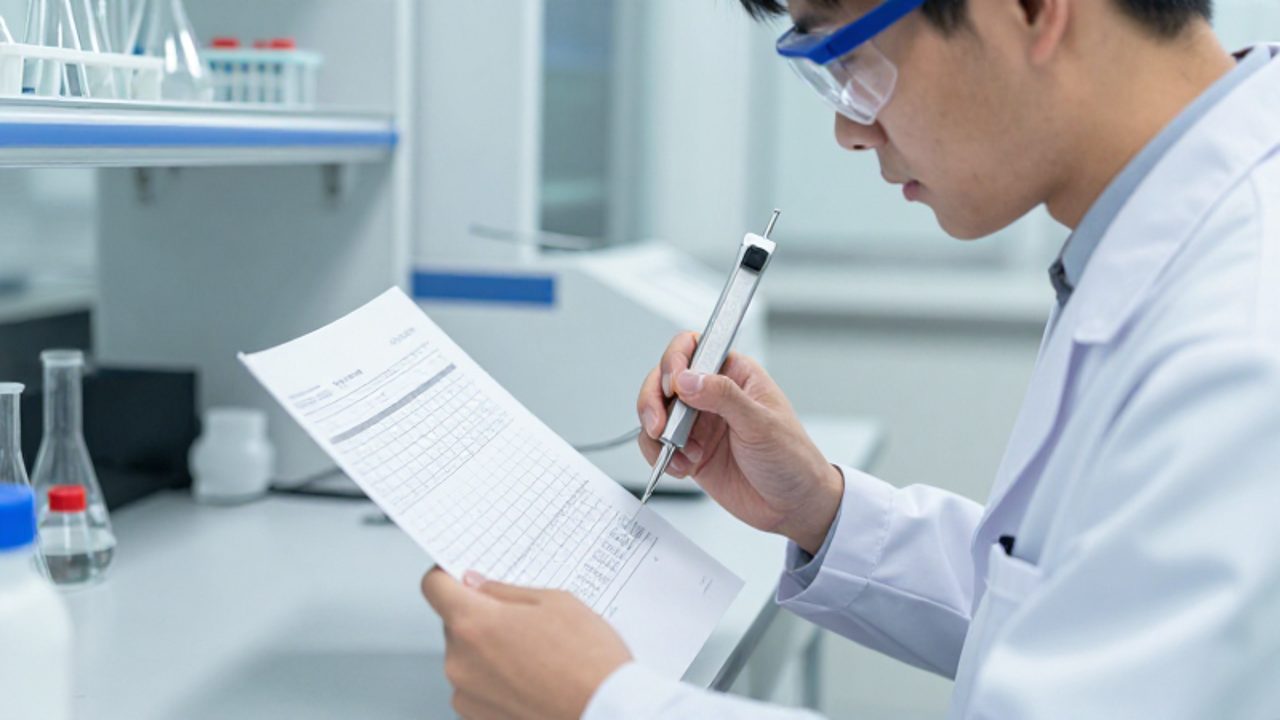Técnico de laboratorio con bata y gafas de seguridad revisa un informe técnico y datos de medición en un puesto de trabajo con equipos analíticos al fondo.