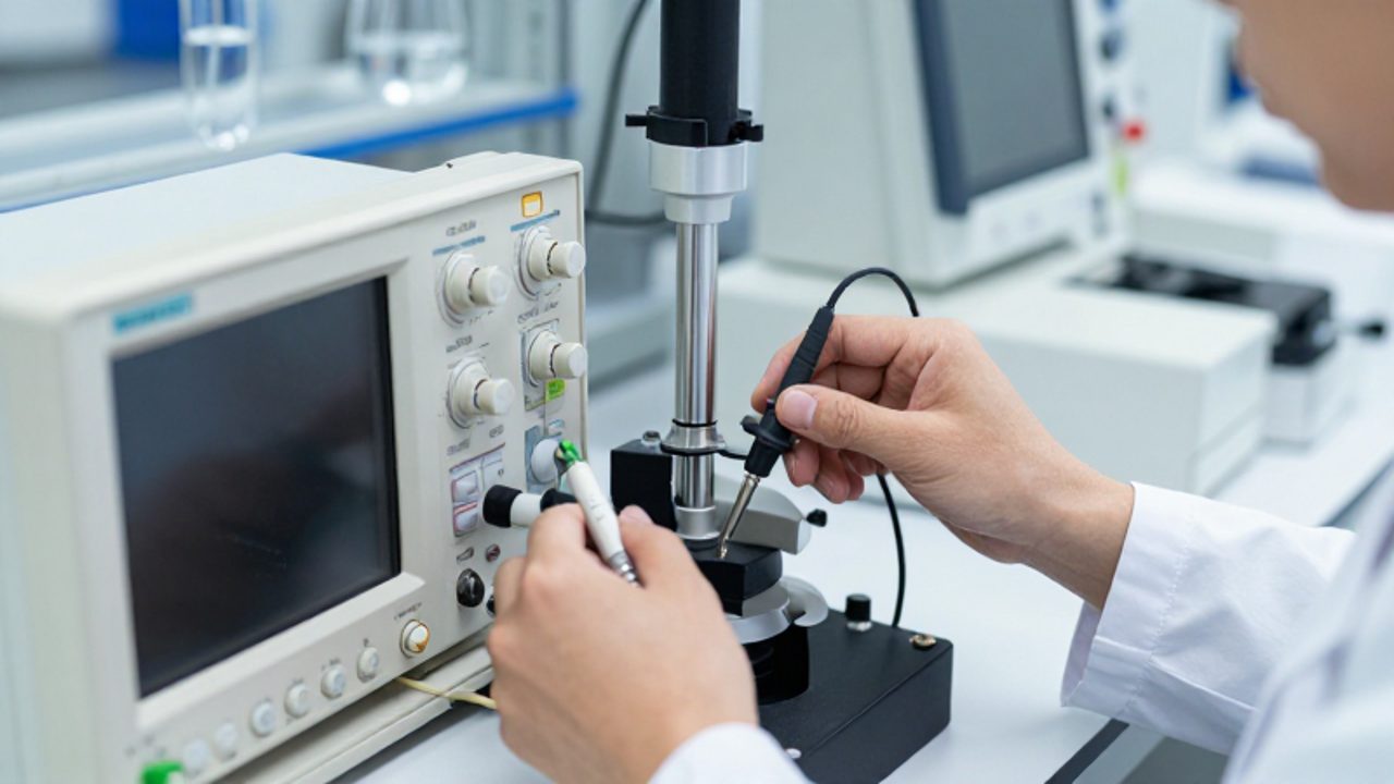 Manos de un técnico conectando sondas de precisión a un equipo de medición electrónica en un laboratorio de metrología.