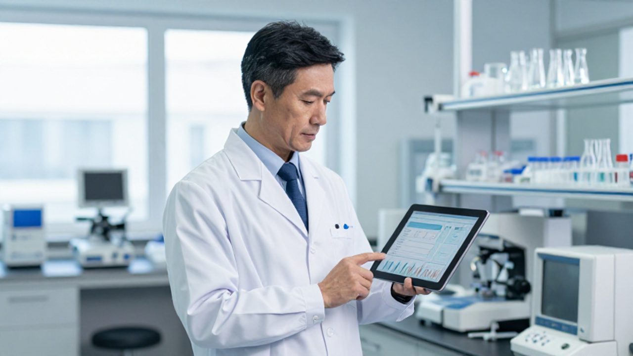 Un gestor de laboratorio analiza gráficos de datos en una tableta digital dentro de un entorno de trabajo moderno y tecnológico.
