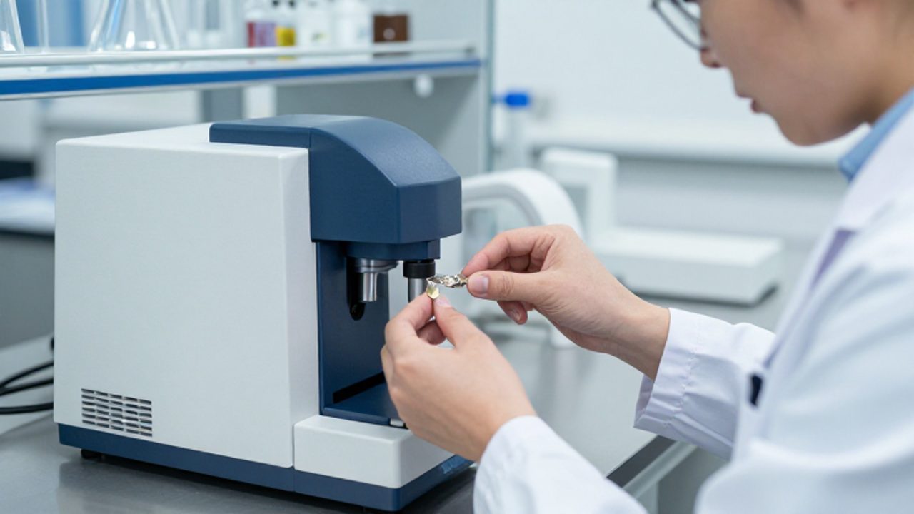 Un técnico de laboratorio analiza una muestra mineral de metal utilizando un espectrómetro de fluorescencia de rayos X en un entorno clínico y profesional.