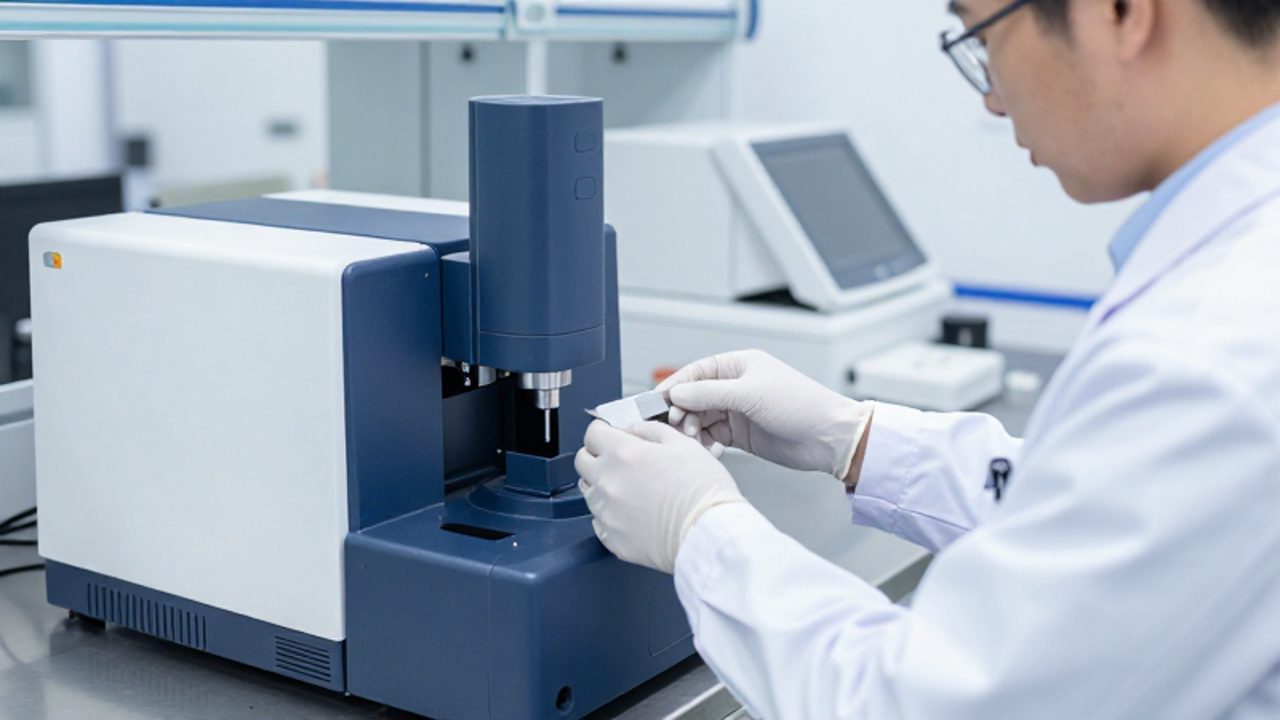 Técnico de laboratorio con bata y guantes inspecciona una muestra metálica en un equipo de espectrometría XRF dentro de un entorno analítico especializado.