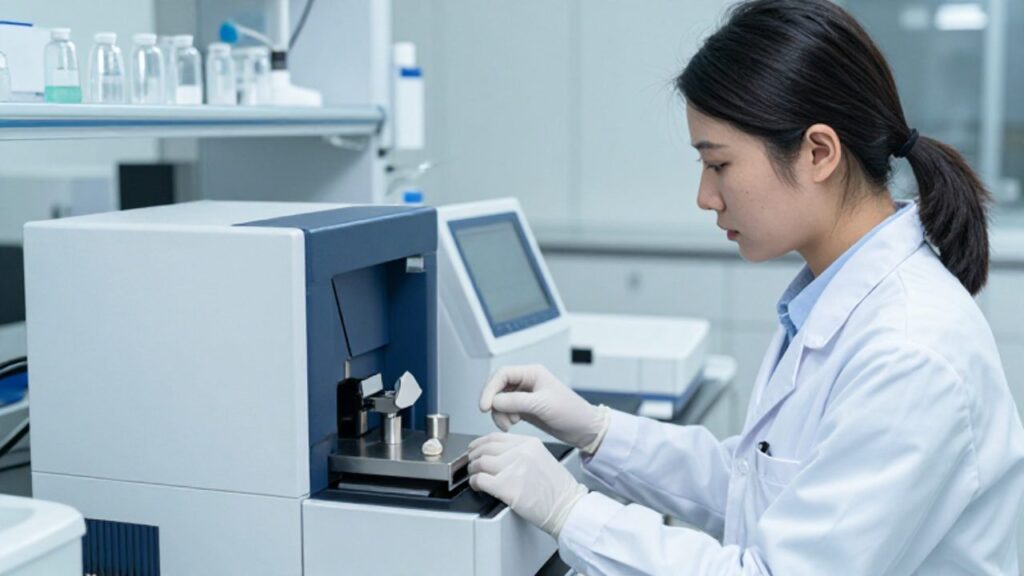 Técnica de laboratorio analiza una muestra mineral utilizando un espectrómetro de fluorescencia de rayos X en un entorno profesional y estéril.