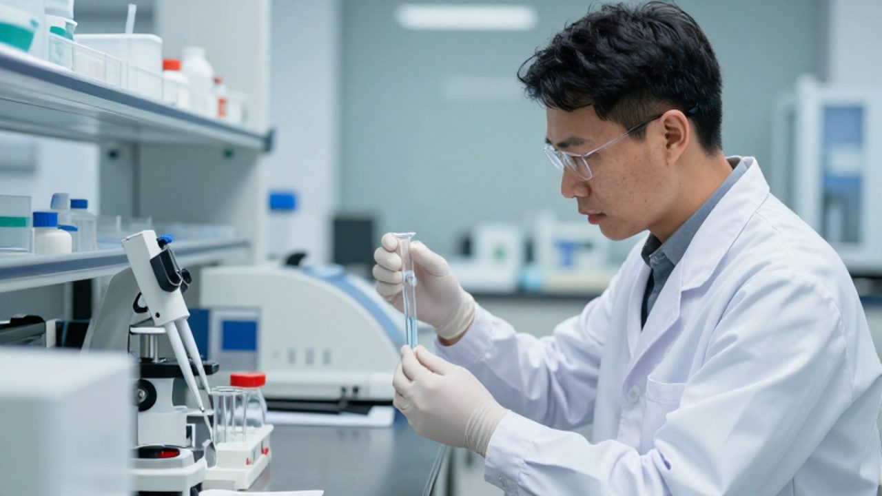 Técnico de laboratorio con equipo de protección realiza un análisis preciso de una muestra en un vial de vidrio sobre una mesa de trabajo científica.