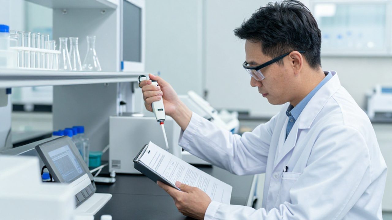 Un auditor con bata blanca revisa documentación técnica mientras supervisa a un científico realizando una medición con una pipeta en un laboratorio moderno.