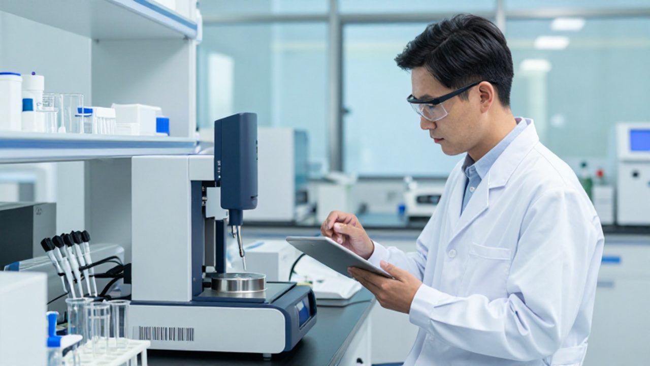 Auditor de laboratorio con bata blanca y gafas de seguridad inspecciona un instrumento de calibración mientras consulta datos en una tableta digital.