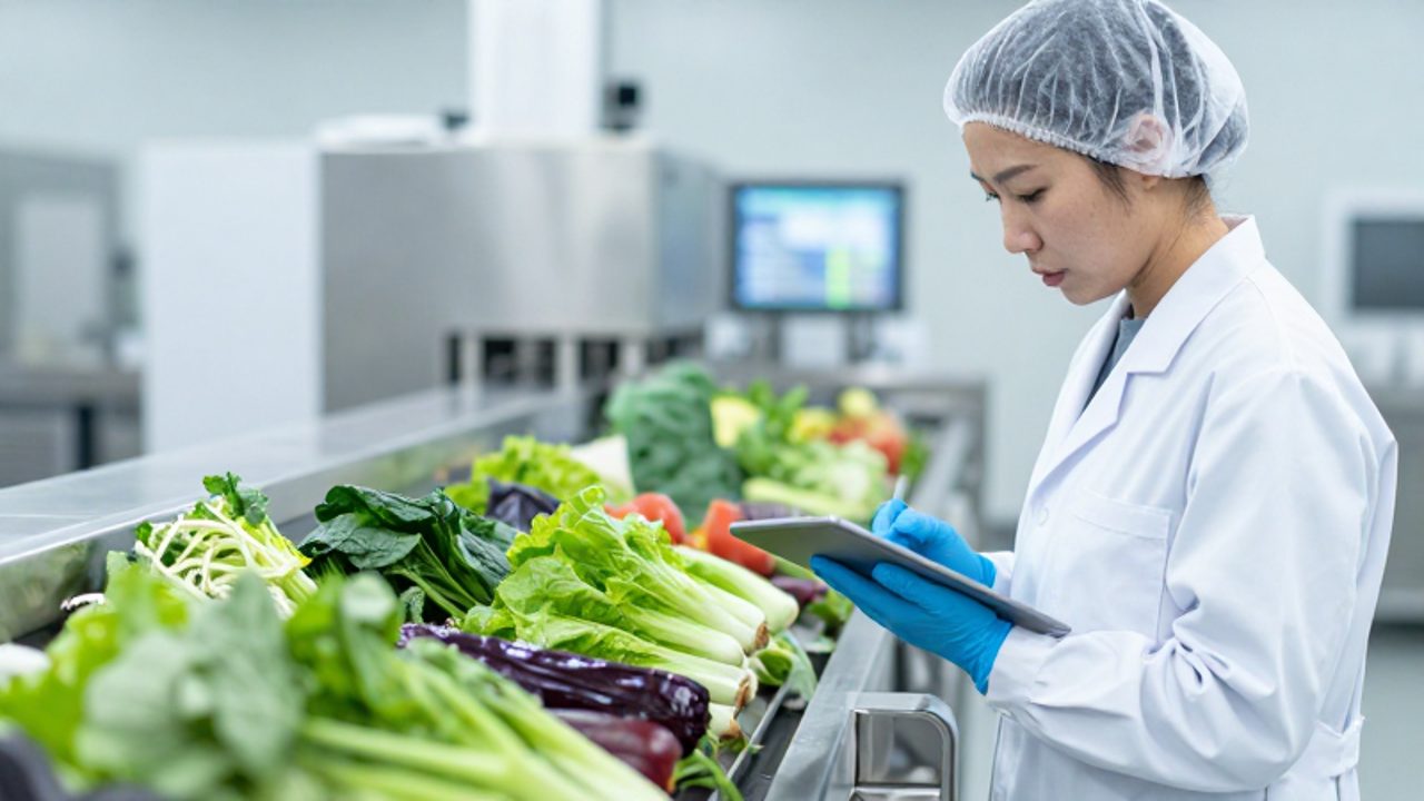 Inspectora de control de calidad con bata blanca y guantes revisa vegetales orgánicos en una línea de producción de una planta procesadora de alimentos.