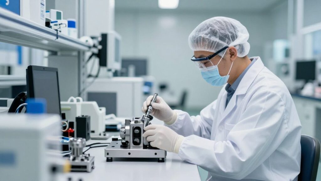 Inspector de control de calidad examinando meticulosamente una pieza industrial en una planta de fabricación moderna y tecnológica.