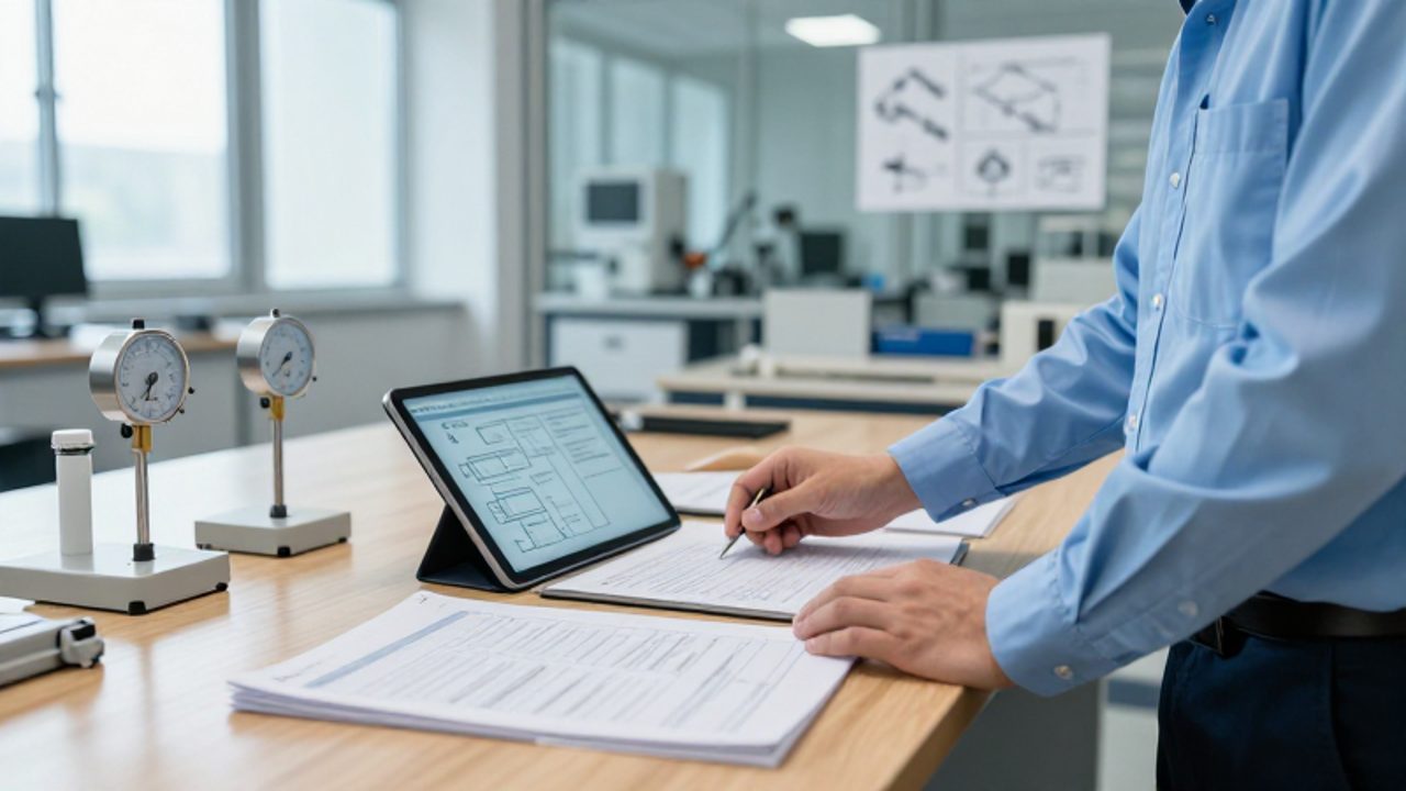 Un gestor de calidad organiza manuales técnicos, una tableta con diagramas de flujo e instrumentos de medición sobre un escritorio en un entorno de oficina industrial.